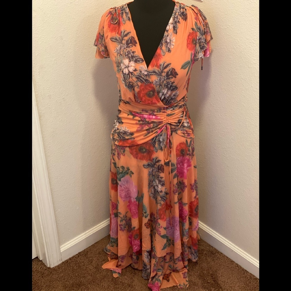 ANTHROPOLOGIE Floral SAMPLE Midi dress Garden Romantic Stretch Butterfly S M